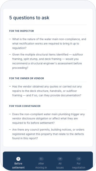 Snagger mobile app displaying five questions an Australian buyer should ask the inspector before settlement