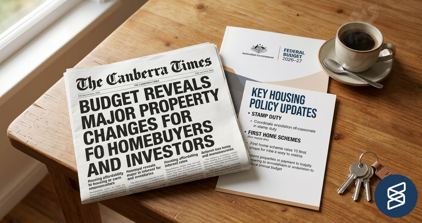 Overhead view of a 2026 Australian Federal Budget document on a kitchen table next to a coffee cup and a set of house keys, warm natural lighting