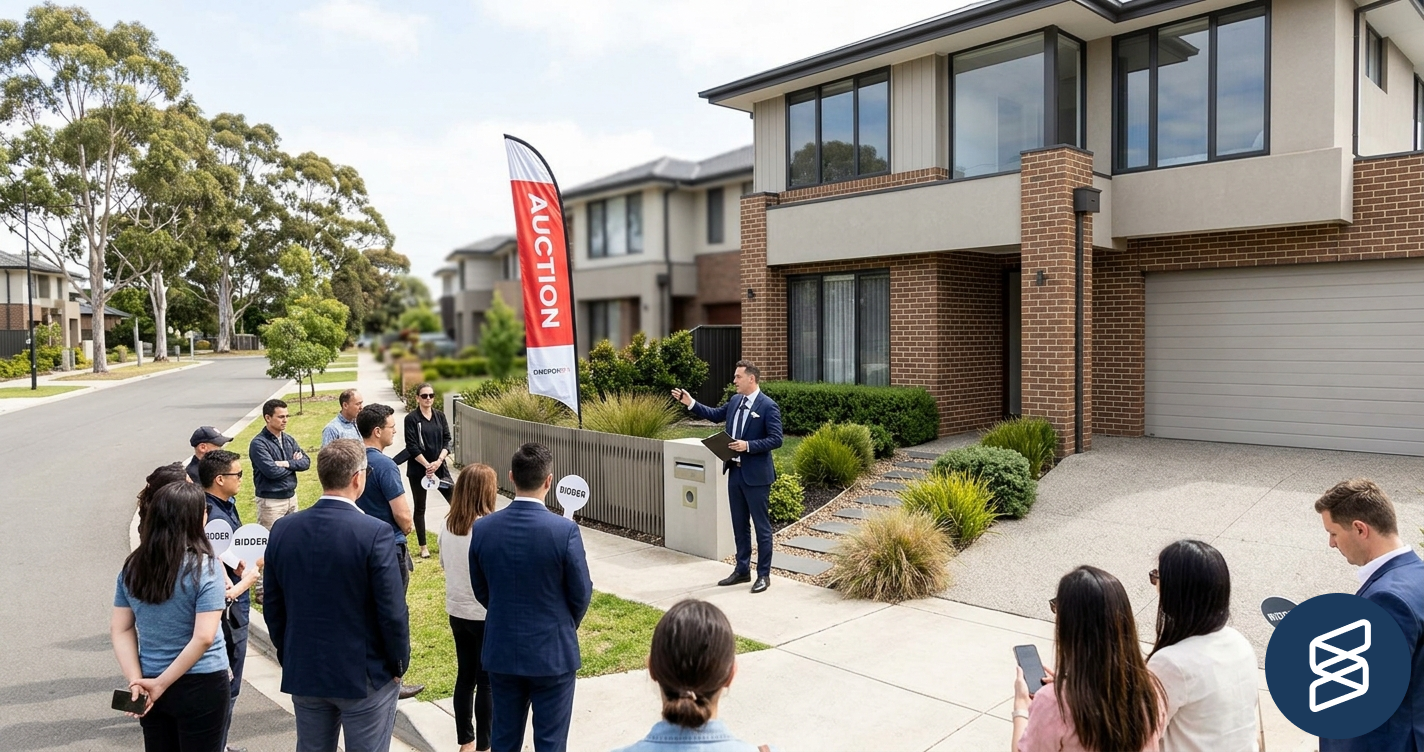 Exterior of a typical Australian suburban house with an auction sign in the front garden and a few people standing at a distance looking at the property on a sunny day