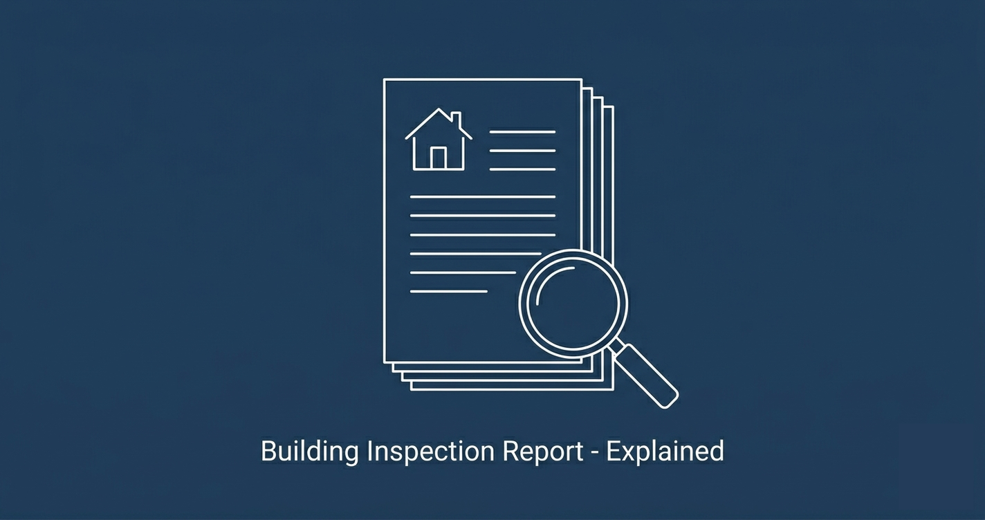 Illustration of a stack of building inspection report pages with a house icon and a magnifying glass on a navy background