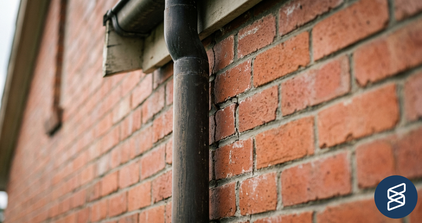 Close-up of an Australian red brick house exterior showing stepped cracking in the mortar joints next to a downpipe, the kind of defect a building inspection should pick up