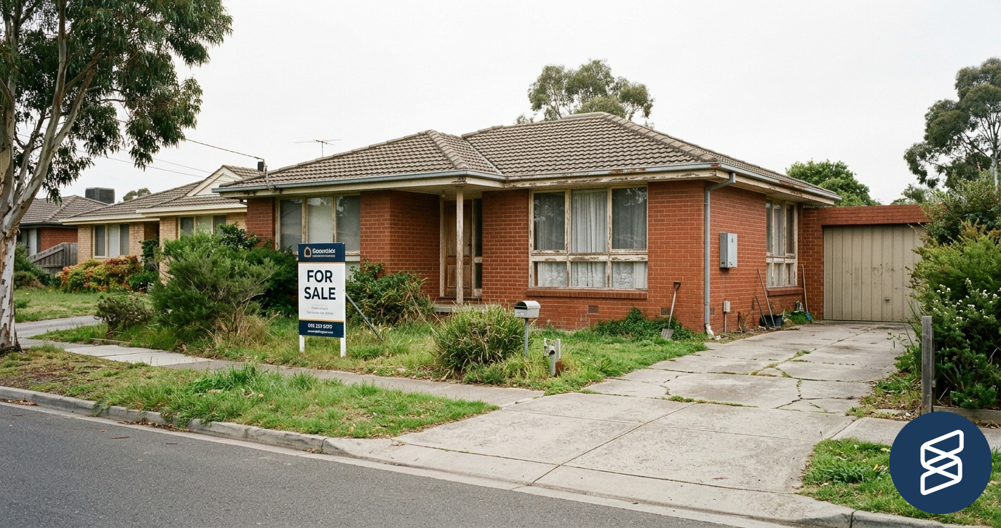 Suburban Australian brick rental property with a For Sale sign in the front yard, overgrown garden, peeling paint on window frames and weathered guttering