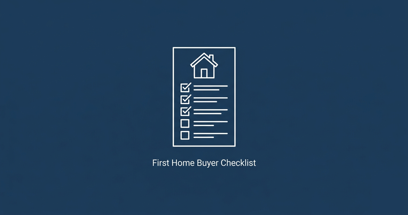 Navy blue header graphic with a white line-drawing of a checklist topped by a house icon and the words First Home Buyer Checklist underneath, in a clean architectural style