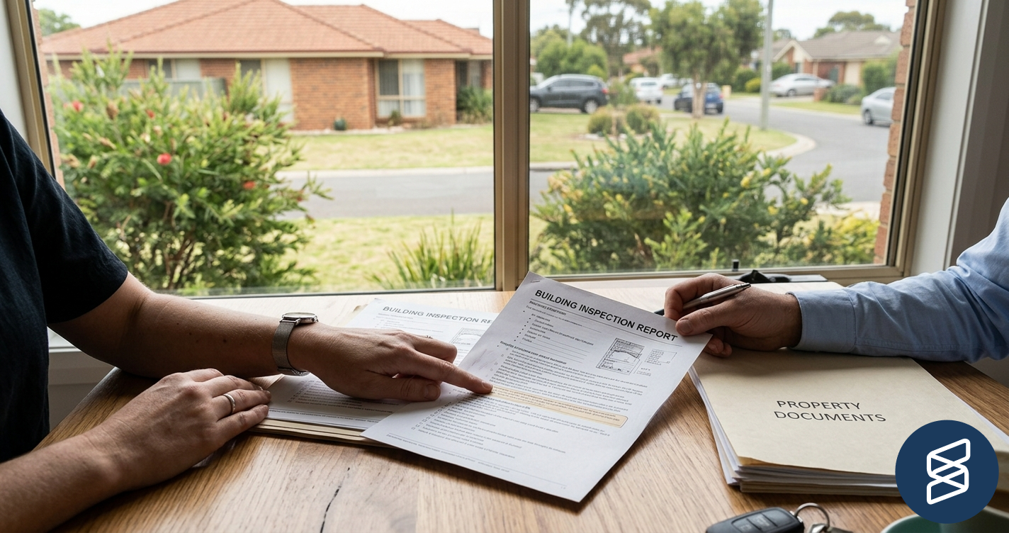 Two people reviewing a building inspection report and a Property Documents folder at a desk, with an Australian suburban street visible through the window