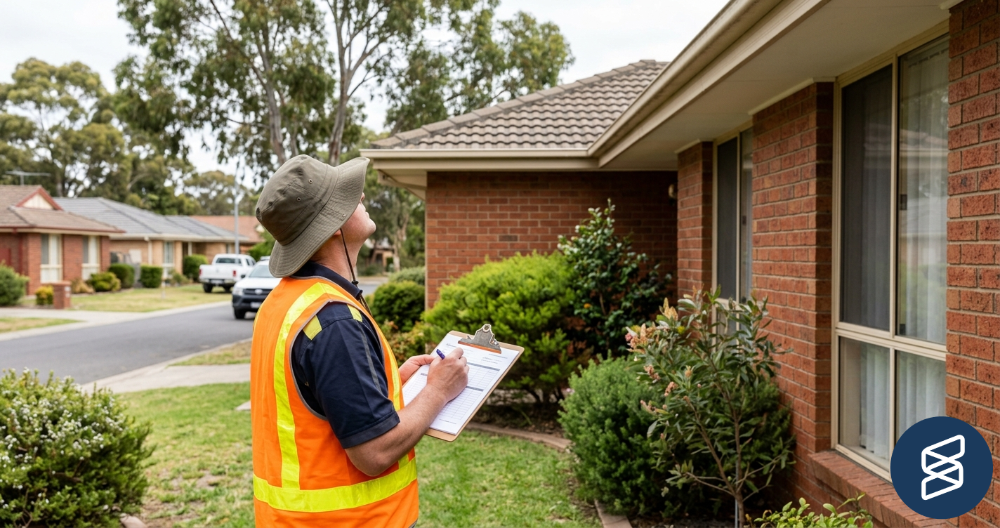 Australian building inspector in a high-vis vest examining the exterior of a brick suburban home, looking up at the roofline with a clipboard, on a quiet residential street in daylight