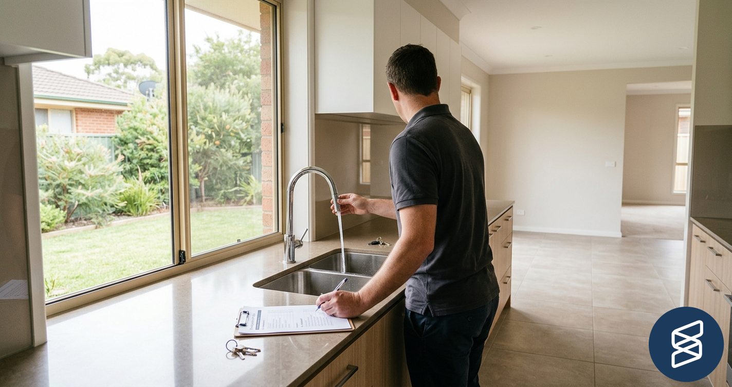 Buyer doing a pre-settlement walkthrough in the kitchen of an empty Australian home, looking out the window at the garden
