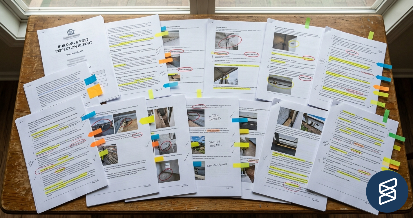 Overhead view of a printed building inspection report spread across a table with multiple pages visible and several sections flagged with bright sticky notes, suggesting a long list of findings